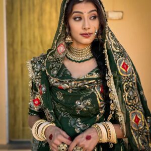 Emerald Green Royal Rajputi Bridal Poshak with Heavy Hand Embroidery
