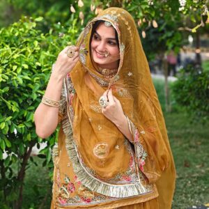 Traditional Rajputi Poshak in Mustard Yellow with Multicolor Floral Embroidery