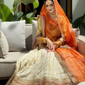 Classic Rajputi Poshak in Ivory & Saffron Orange with Gold Zari Border