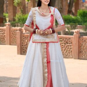 Elegant Rajputi Poshak in White & Rani Red with Golden Border
