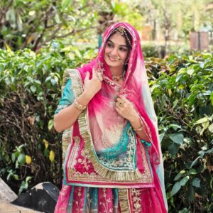 Royal Rajputi Poshak in Rani Pink & Peacock Green with Heavy Golden Embroidery